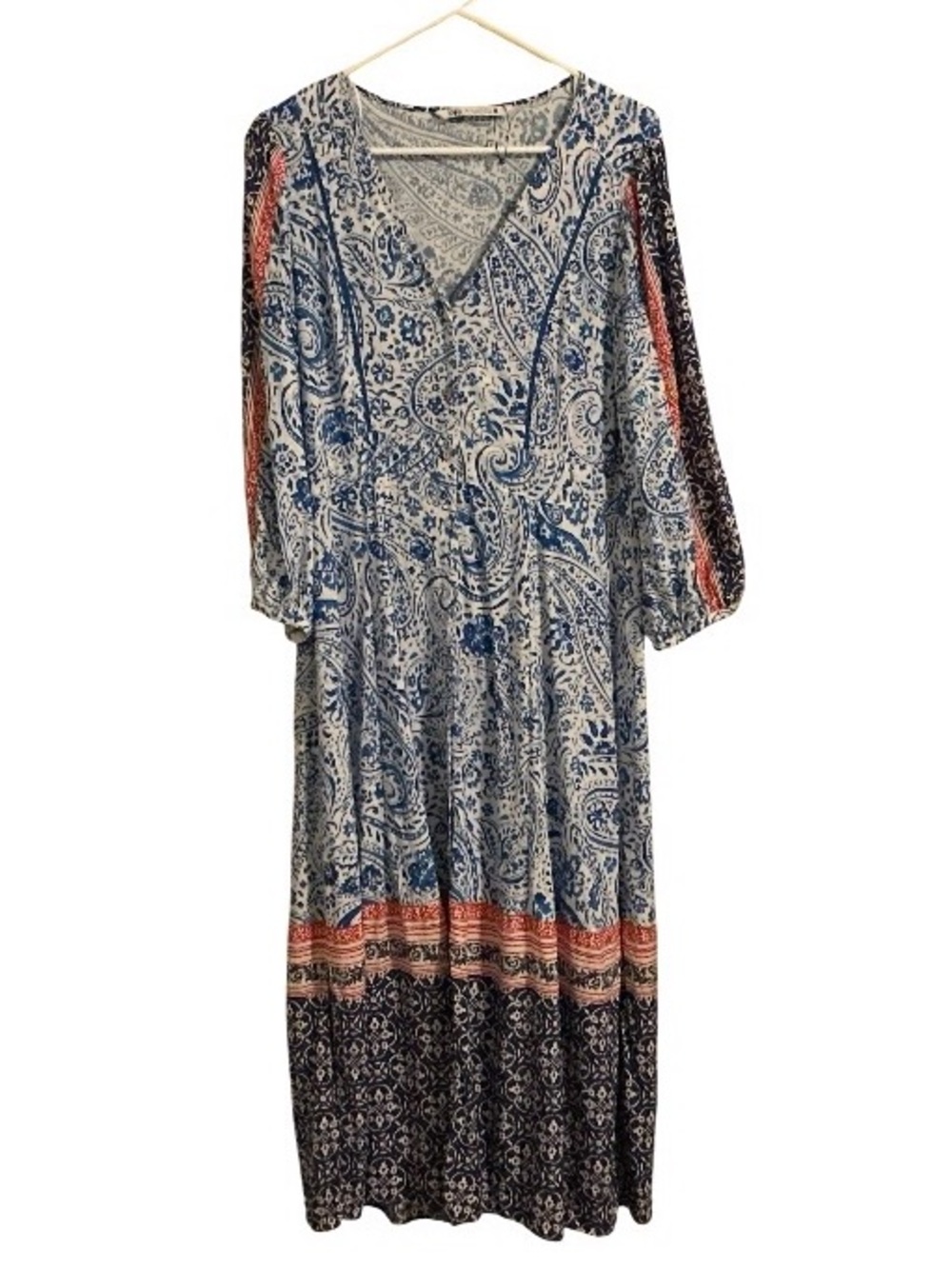 Zara XL Paisley Midi Dress Linen Blend Blue White Red Boho Prairie Resortwear - Picture 2 of 6